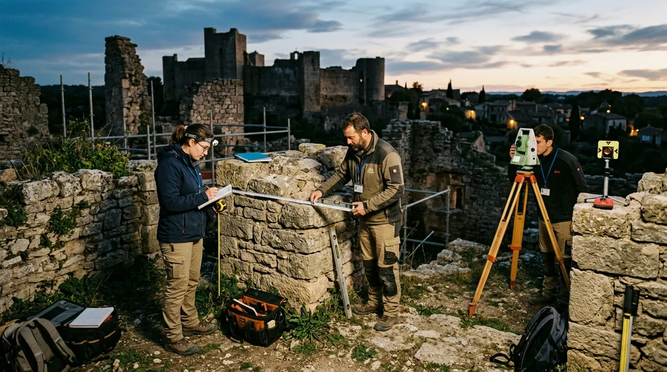 Équipe de terrain sur un chantier de consolidation patrimoniale à Tourbes